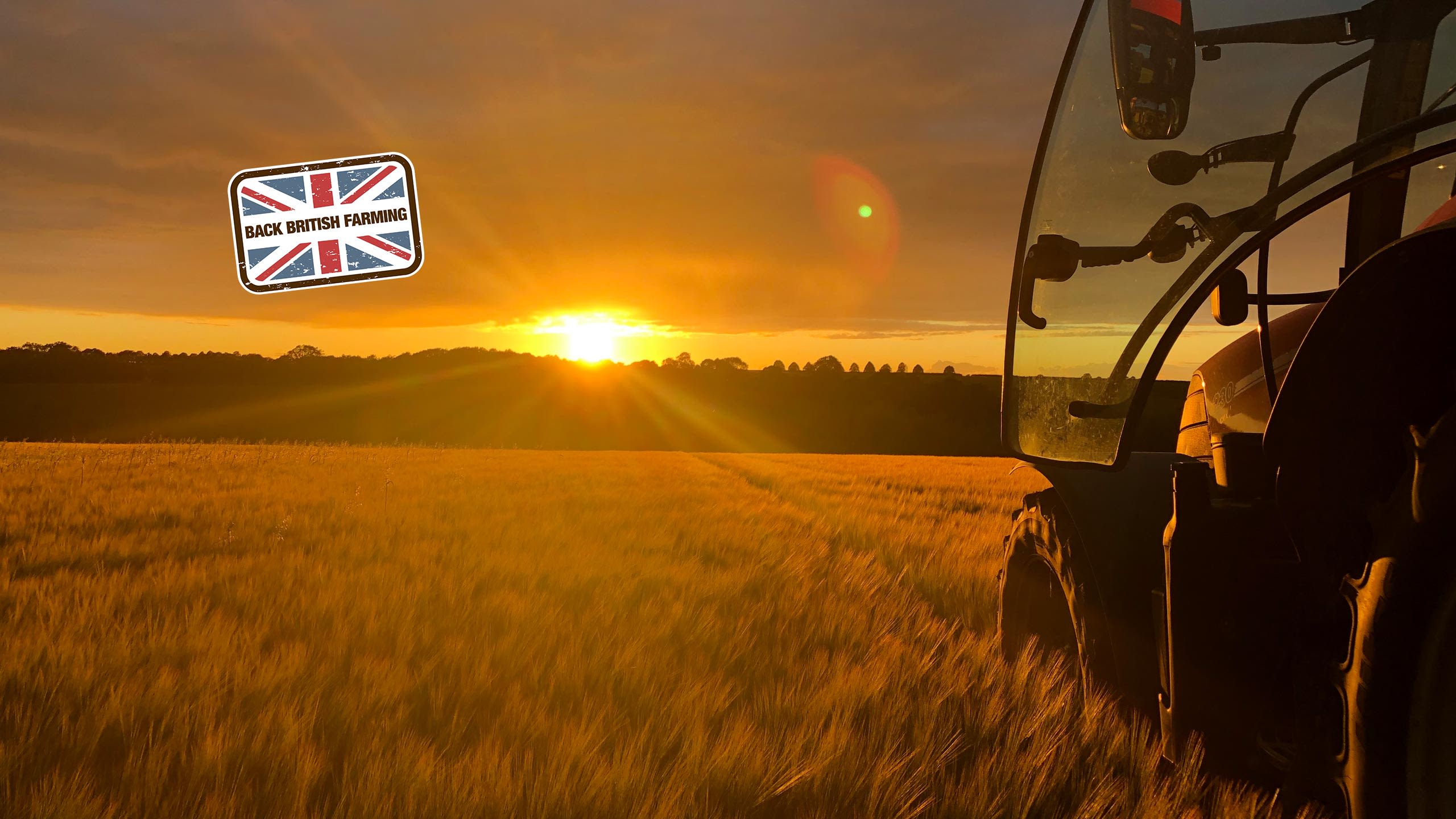 A tractor at sunset and the Back British Farming logo